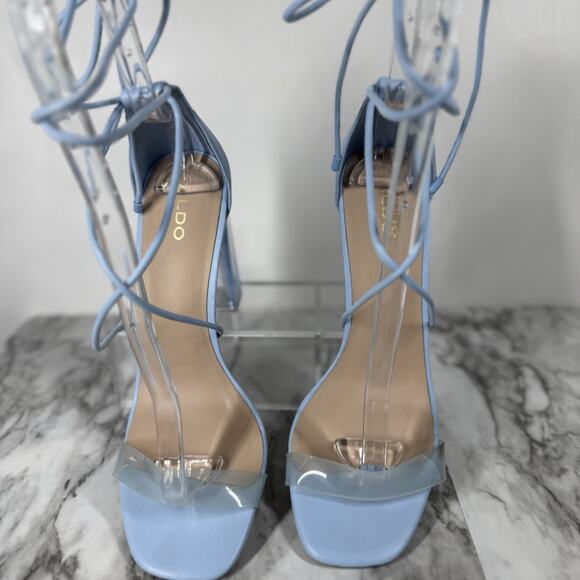 Aldo Onardonia Ankle Wrap Heels Blue Square Toe Clear Heel Glass Slipper Size 10 - Picture 8 of 13